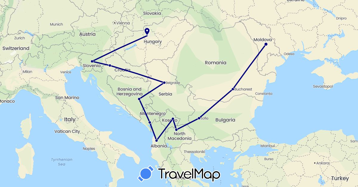TravelMap itinerary: driving in Albania, Bosnia and Herzegovina, Bulgaria, Croatia, Hungary, Moldova, Montenegro, Macedonia, Romania, Serbia, Slovenia, Kosovo (Europe)